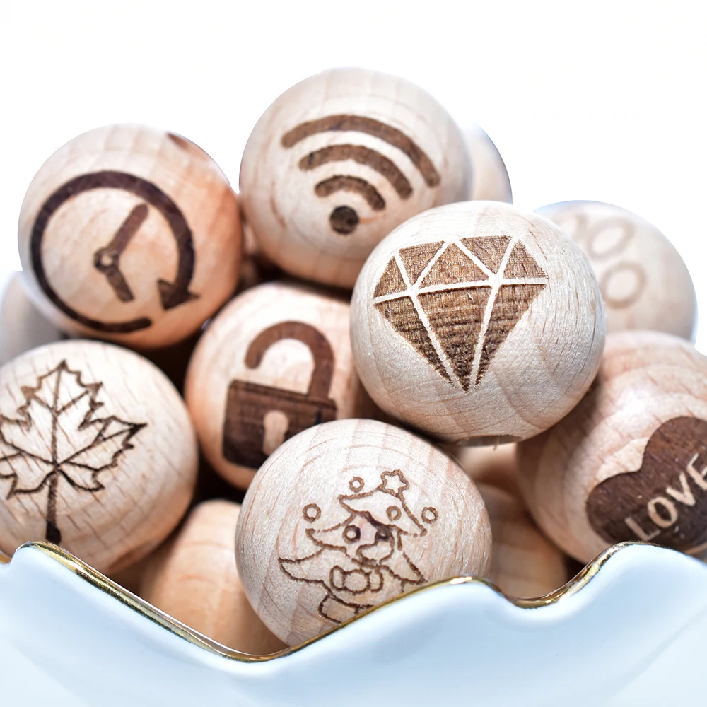 Mabochewing 100pcs Customize Laser Pattern Round Beech Wood Beads Baby Teethers