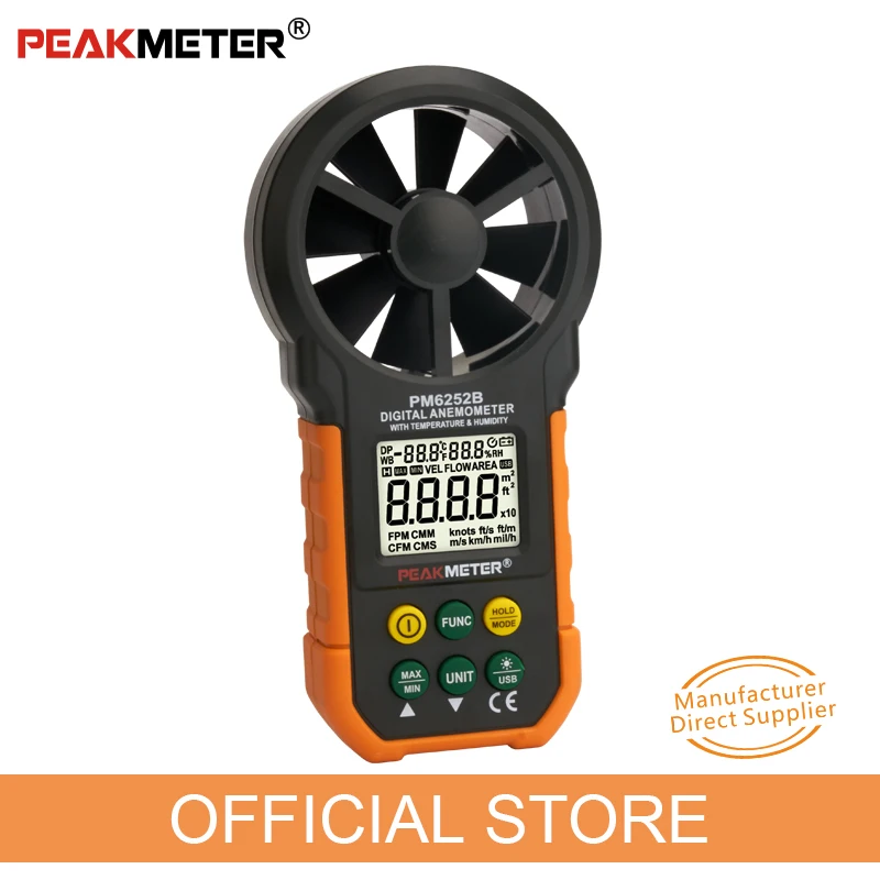 

PEAKMETER digital anemometer handheld high precision air flow meter temperature and humidity test instrument PM6252B