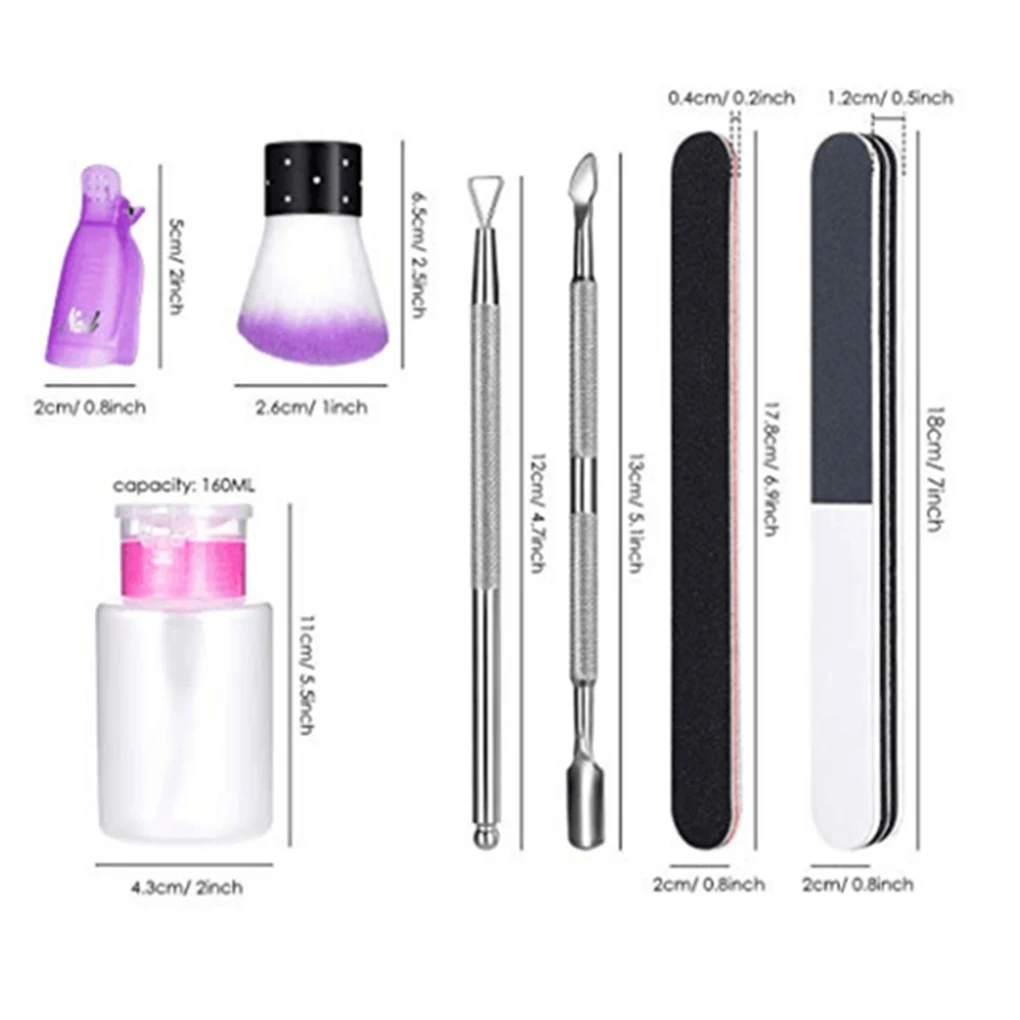 Набор инструментов для снятия лака для ногтей, толкатель для кутикулы, ватные подушечки, насос, бутылка, зажим для ногтей, колпачки для маникюра, полировка, пилка