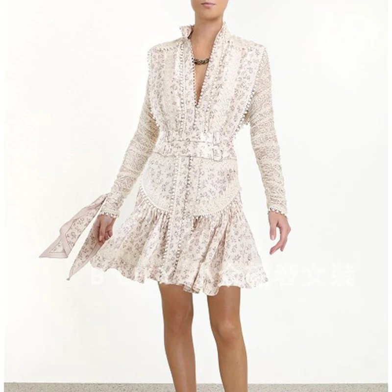 

2019 Fall Arrival Ruffles Woman Mini Dress Long Sleeve Lace Lace Up Floral Print Sashes Short Dress Beach Party Vestidos