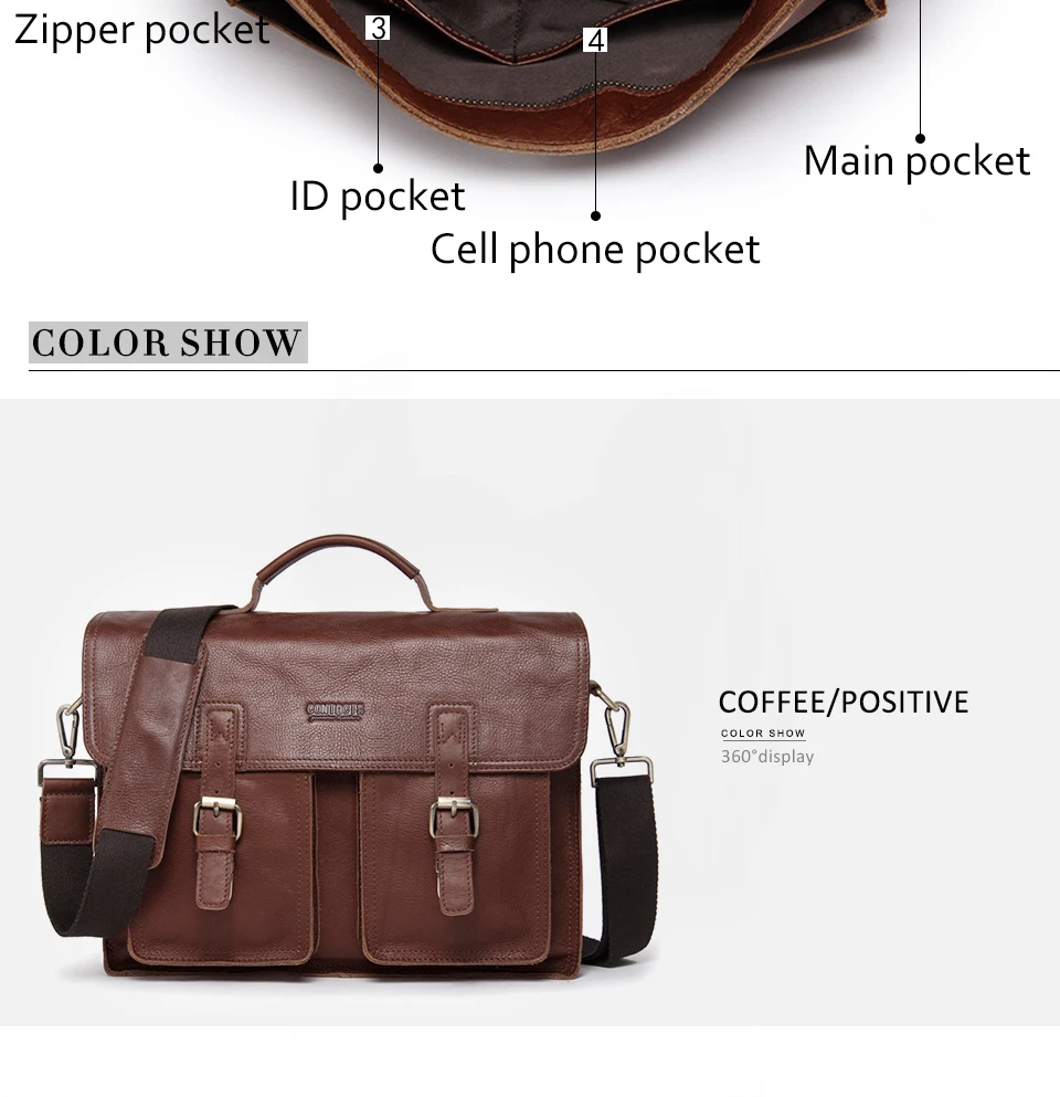 Genuine Leather Men Briefcase for 14" Laptop Fashion Male Shoulder Bag Vintage Waterproof Men Briefcases Hasp Handbag for Men