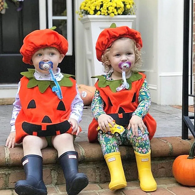 Halloween Baby Kids Pumpkin Fancy Sleeveless Dress with Hat Cosplay Costume Party Clothes for Boy Girl B99