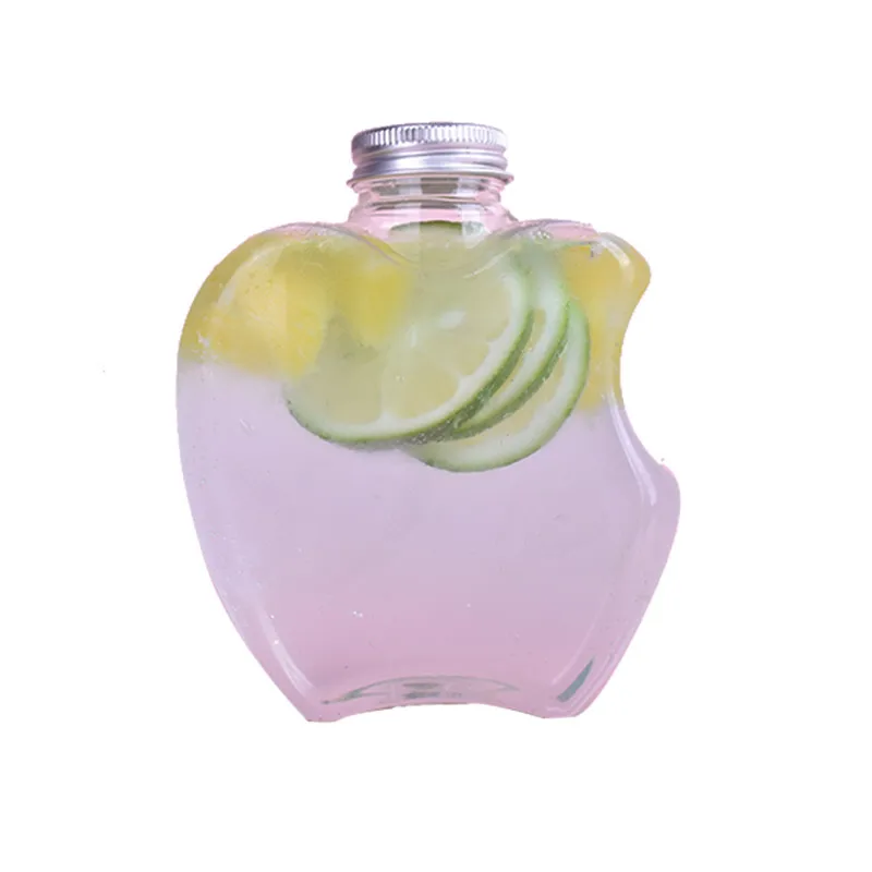 10pcs PET creative apple shape cold drink bottle 400ml transparent plastic bottle disposable fruit juice milk tea cup with cover