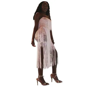 

New Women Tassels Sequin Dress Spaghetti Strap Backless Bodycon Clubwear Sexy Dress Elegant Strapless Long Bandage Party Dresses