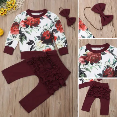 Одежда для новорожденных девочек зимняя одежда топы с цветочным принтом+ штаны с оборками комплект одежды из 3 предметов
