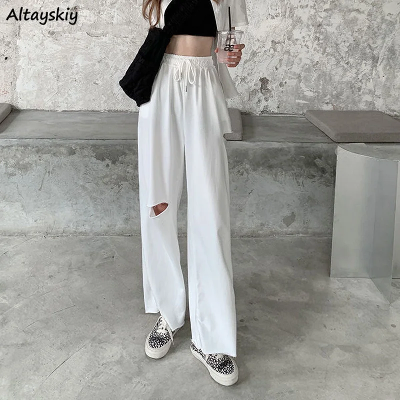 

Брюки женские в уличном стиле, пикантные с дырками, с завышенной талией, однотонные простые свободные удобные Ретро штаны для отдыха в стиле Харадзюку, 3 цвета