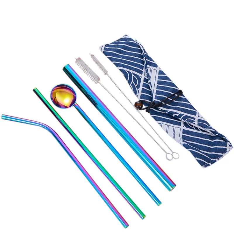 Friendly 6pcs Stainless Drink Straws Set With Cloth Pack Cutlery+2pcs Cleaner Brush Reusable Straw Bar Accessories