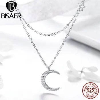 

BISAER Double Layers 925 Sterling Silver Moon Star Pendant Necklace for Women Elegant Korean Choker Necklaces Jewelry GAN038