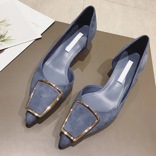 Синий ladies kitten korean medium heels high pumps casual nude metal pointed toe black stiletto blue suede shoes women size 4 34 - Цвет: Синий