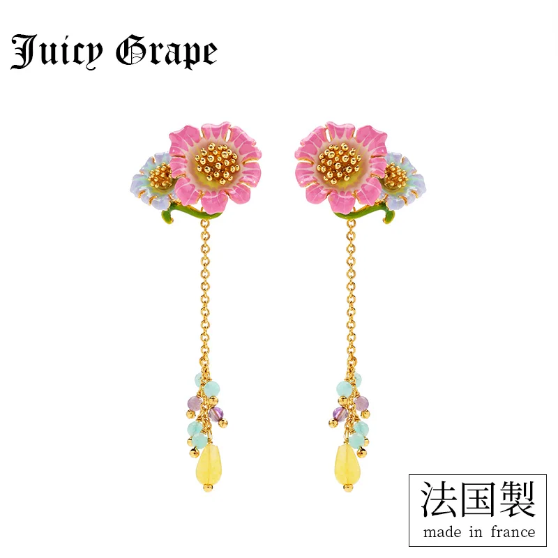 Женские серьги-гвоздики с эмалью ручная роспись сочным виноградом цветок