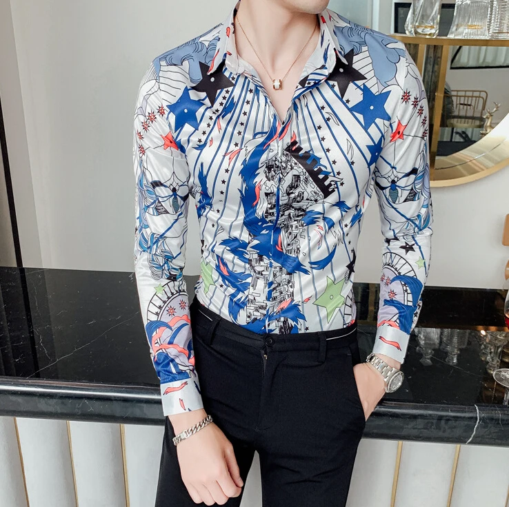 New Arrival asian Size Mens Formal Shirts Meteor Print Long Sleeve Blouse Shirts for Men