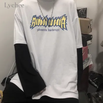 

Lychee Harajuku Patchwork Fake 2 Pieces Female Pullovers Flame Letter Women Sweatshirt Casual Loose Autumn Lady Sweatshirts Tops