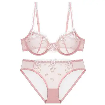 Exquisite Embroidery Lotus Pink Ultra-thin Sexy Large Size Underwear Ladies Lace Transparent Comfortable Bra 5