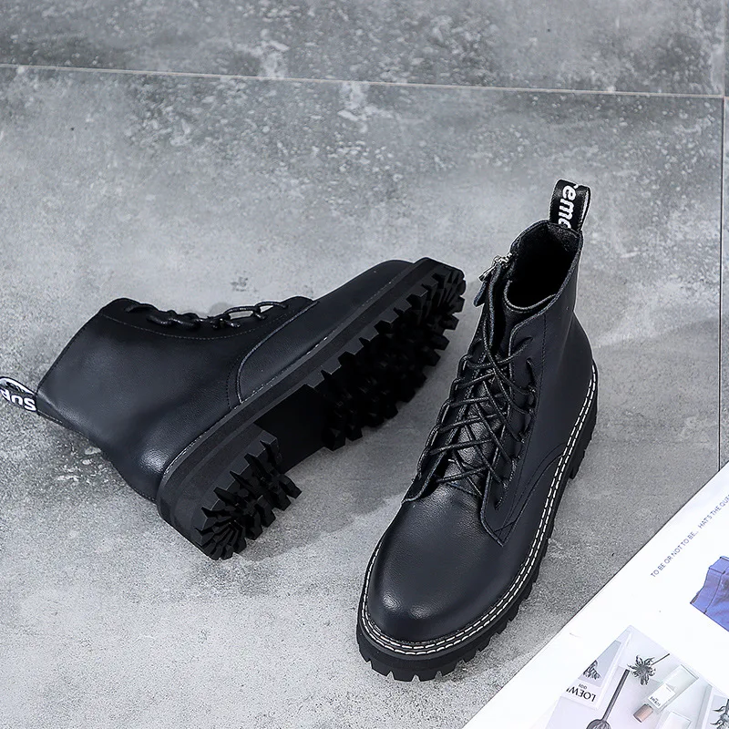 

Middle Boots Women's 2019 New Style Autumn And Winter British Style Thick Bottomed Lace-up Anti-slip Boots Yang Mi Celebrity Sty