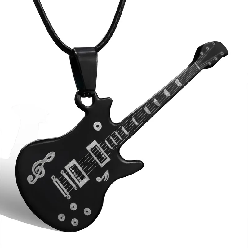 Fashion Stainless Steel Guitar Necklace For Men Pendants Leather Chain Necklaces | Украшения и аксессуары