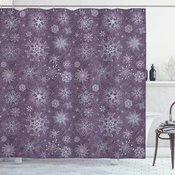 

Eggplant Shower Curtain, Christmas Inspired Flowers Snowflakes and Swirls in a Violet Delicate Environment, Cloth Fabric