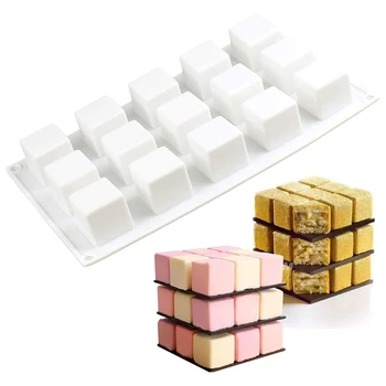 

Silicone Baking Molds Square Mold 3D Cube Silicone Mousse Cake Dessert Molds 15-Cavity for Chocolate Pastry Truffle