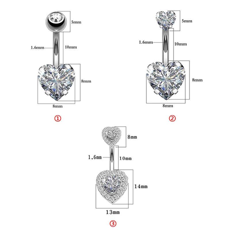1 шт. стальные кольца для пупка Хрустальный пирсинг в форме сердца серьги