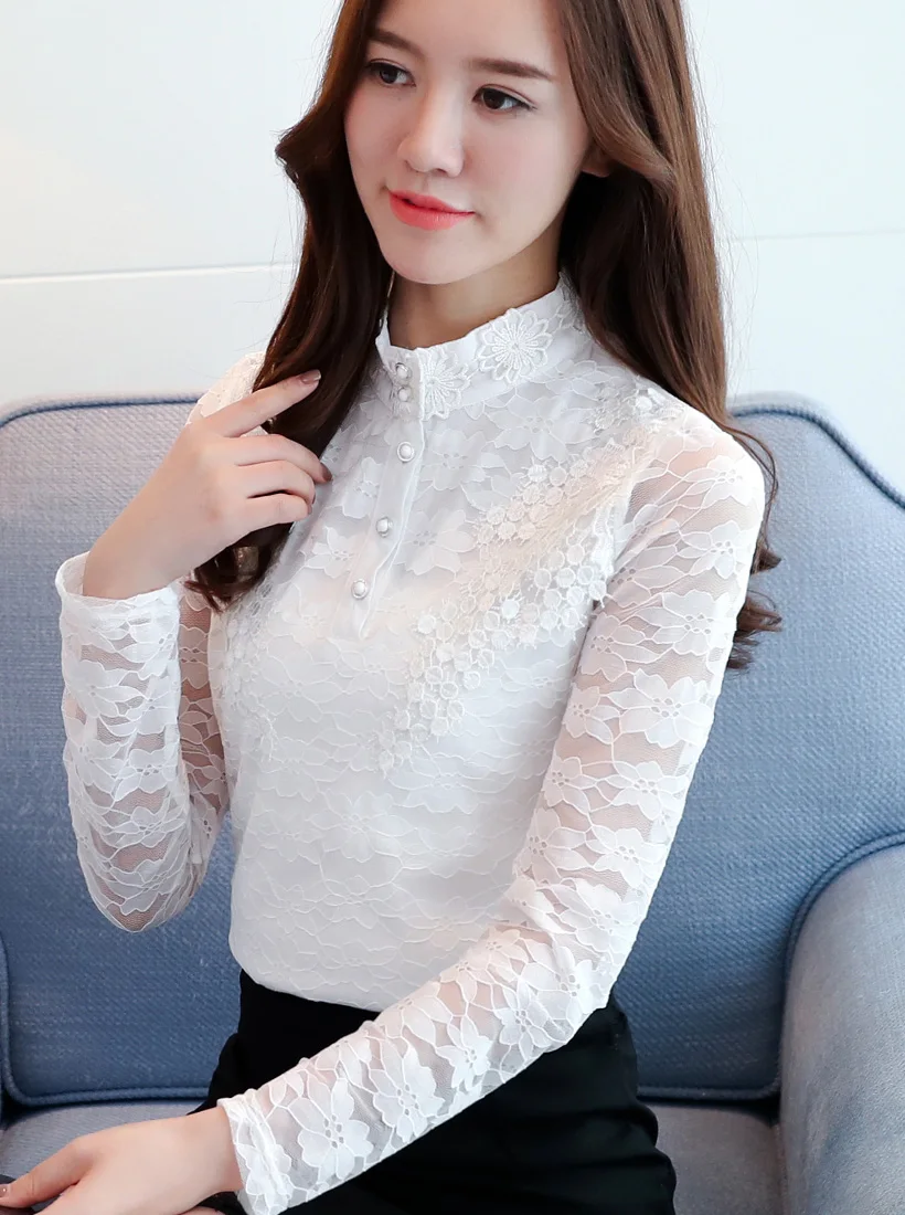 4XL blusas mujer de moda осенние кружевные топы с длинным рукавом модные повседневные женские блузки со стоячим воротником рубашки размера плюс женские топы