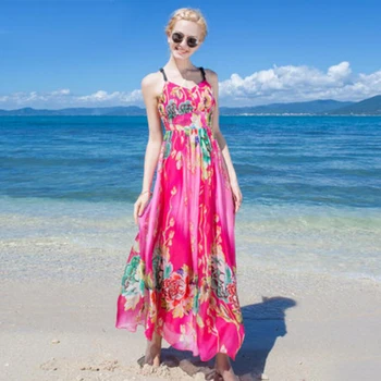

Silk Dress Women Elegant Beach Long Rose Red Party dresses Women Printed High Quality Clothing Free Shipping HOT Selling
