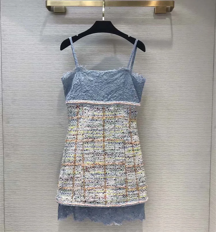 Dress Высокое качество, женское платье-комбинация, весна-лето, кружевное лоскутное твидовое платье A416 - Цвет: Dress