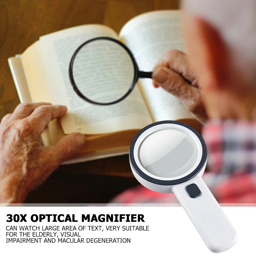 

106mm 30x HD Reading Magnifier 30X Optical Magnifying Glass 12LED ABS Magnifying Lens for Reading Models Jewelry White