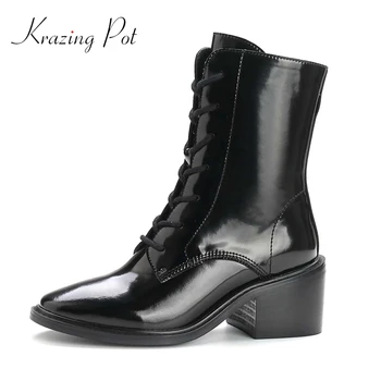 

krazing pot winter new boots natural leather punk mature high square heel round toe zipper young lady daily wear ankle boots L17