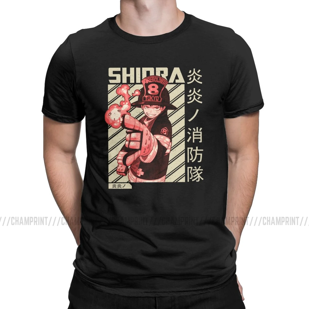 Мужские футболки Shinra Fire Force, аниме, модная футболка, короткий рукав, пожарный герой, футболки, вырез лодочкой, одежда, большой размер - Цвет: Черный