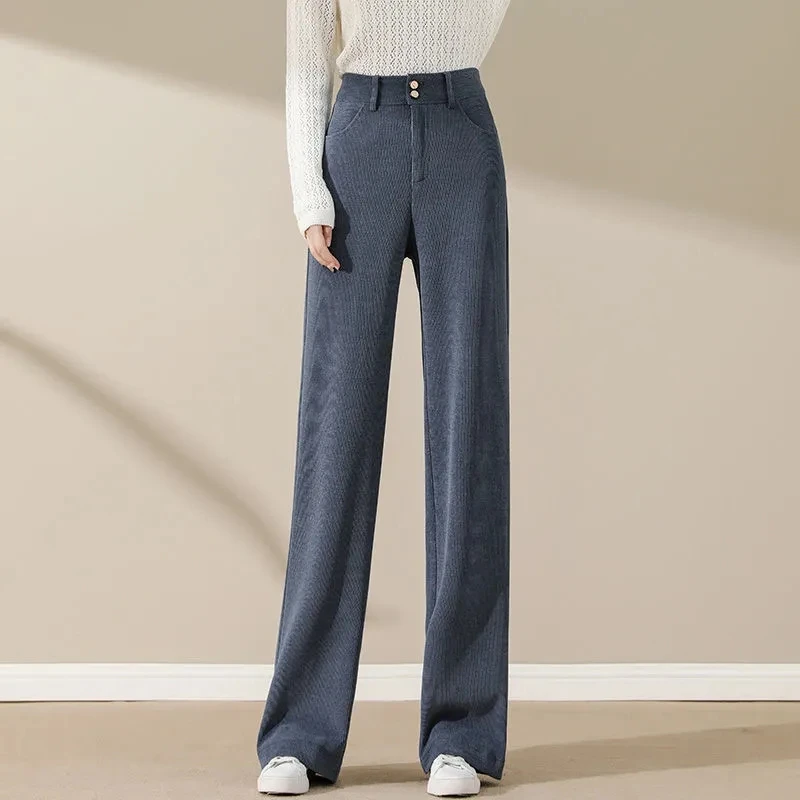 

Elegant Vintage Baggy Straight Corduroy Pants Women New Spring Solid High Waist Soft Pants Female Classic Wide Leg Trousers