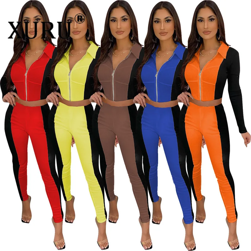 

XURU New Style European and American Women's Jumpsuit Two-piece Ribbed Stitching Sports Jumpsuit