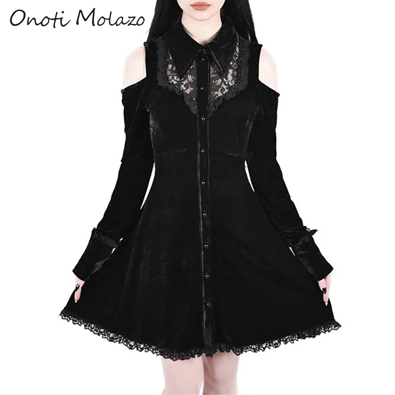 

Onoti Molazo Velvet Gothic Mini Dress Women Lace Patchwork Buttons Winter Ladies Party Mini Dresses Female 2019 Autumn New