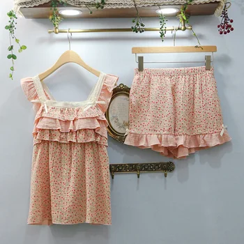 

Summer Newest Women Floral Printed Strap Shorts Pajamas Women Summer Cute Cotton Women's Home Clothes Printing Pajamas