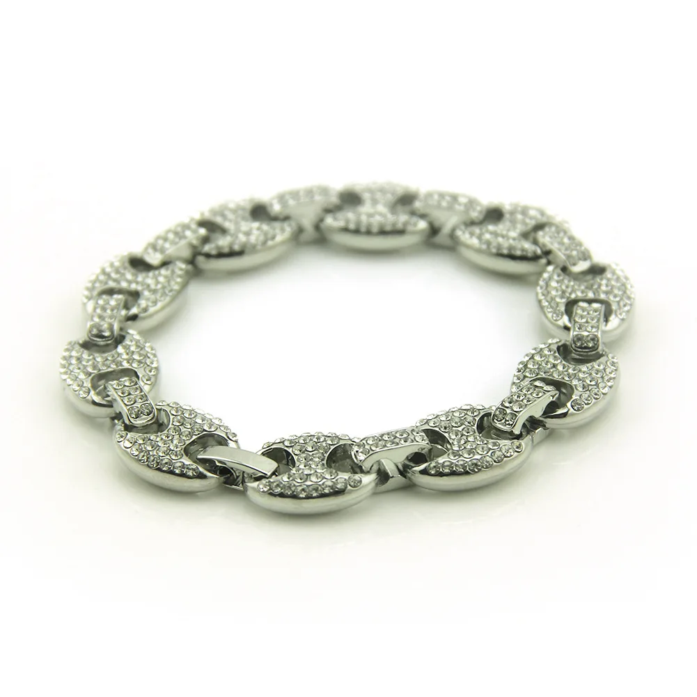 Bracelet 02-Silver Стразы, кубинские браслеты, звенья цепи, браслеты для мужчин, хип-хоп, проложили CZ, рэппер, браслет, ювелирные изделия, аксессуары, подарок, 19 мм - Окраска металла: Bracelet 02-Silver