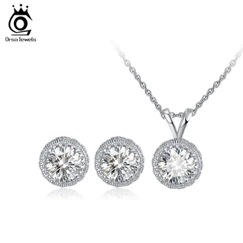 

ORSA JEWELS Latest Women Necklace Earrings Set 925 Sterling Silver Round AAAA Cubic Zircon Wedding Party Gift Jewelry Sets SS64