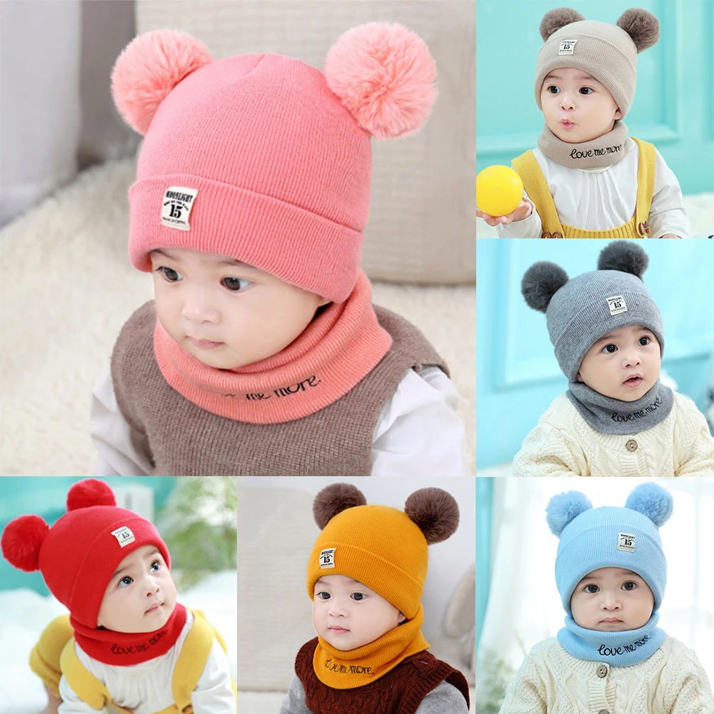 LOOZYKIT Baby Hat Winter 2Pcs Toddler Baby Girls Boys Solid Hat Winter Warm Knitted Beanie Cap+Scarf Keep Warm Set Kids Cap