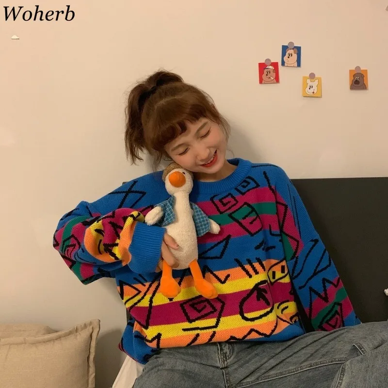 Woherb, радужные полосатые пуловеры, Harajuku, граффити, с буквенным принтом, свитер, женский, Ретро стиль, Повседневный, свободный, контрастный, джемперы, топы, корейский стиль