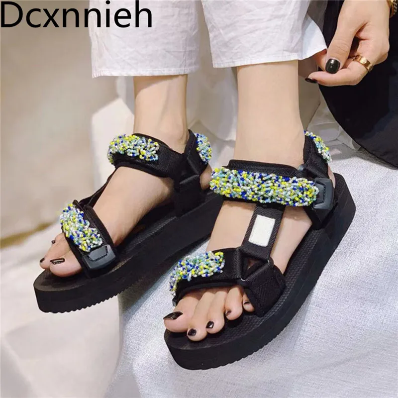 New Flat Thick Sole Casual Sandals Summer 2021 Soft Real Leather Magic Tape Platform Sandalias Women Comfortable Vacation Shoes