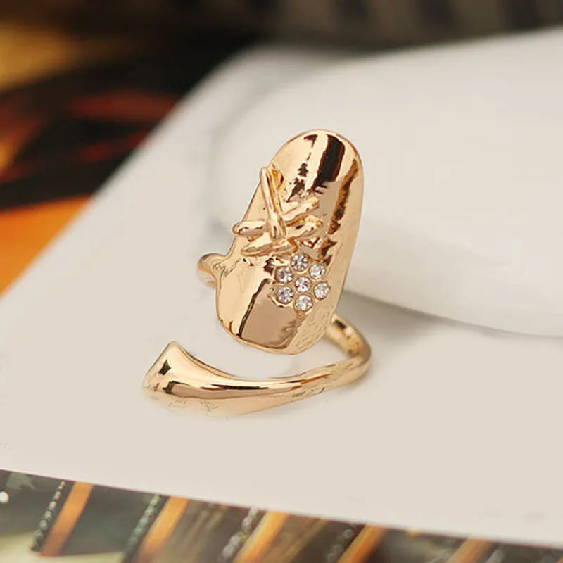 Fashion Punk Finger Nails Ring Summer Style Gold Silver Plated With Rhinestone Dragonfly Women Fine Jewelry V9-Drop
