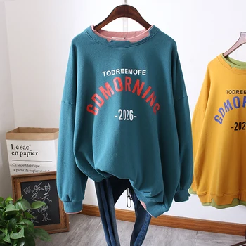

Autumn Women Terry Sweatshirts 2020 BF Style Loose Letter Print Pullover Sweatshirt Female Hip Hop Hole Cotton Sweat Outerwear