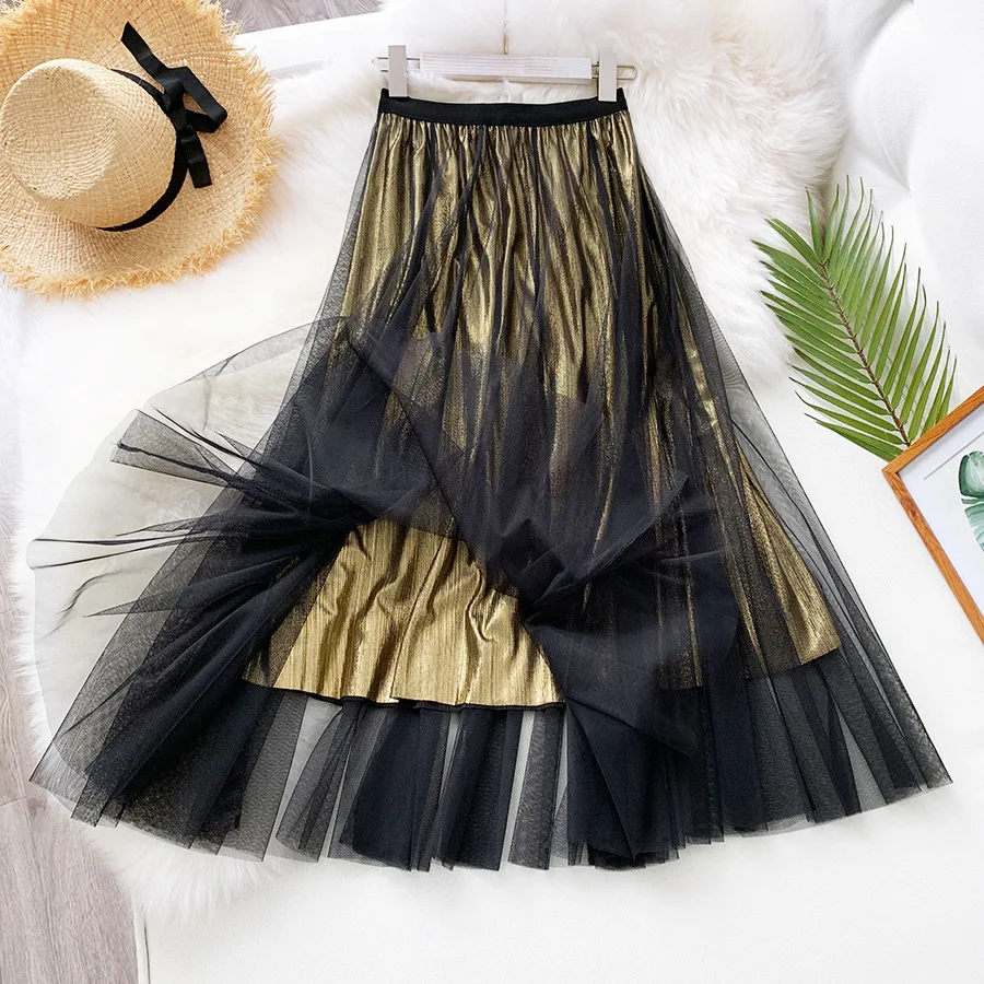 

Spring Summer New Metallic Glitter Tulle Skirt Women's Mesh Pleated Long Skirt Ladies Elastic High Waist Midi Skirt Saias V187