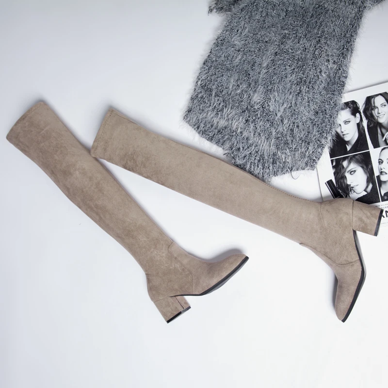 Cena 2019 nowy buty damskie zimowe Over The Knee kobiety Stretch moda czerwony czarny but Sexy wysokie buty na obcasie pluszowe futerkowe buty kobiet buty