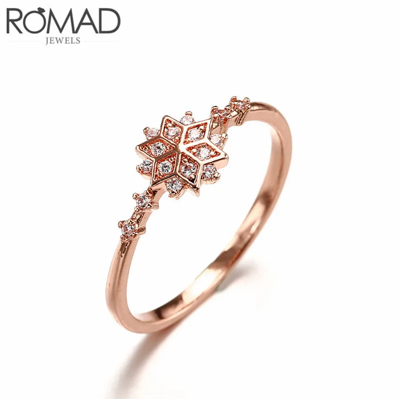 Rose gold ROMAD Новые Модные Простые Кристальные кольца со снежинками для женщин Свадебные ювелирные изделия Нежный золотистый цвет кольца на палец Подарки для пар - Цвет основного камня: Rose gold