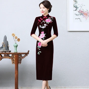 

Plus Size 3XL 4XL For Female Print Flower Beads Qipao High Split Sexy Evening Party Dress Mandarin Collar Half Sleeve Cheongsam