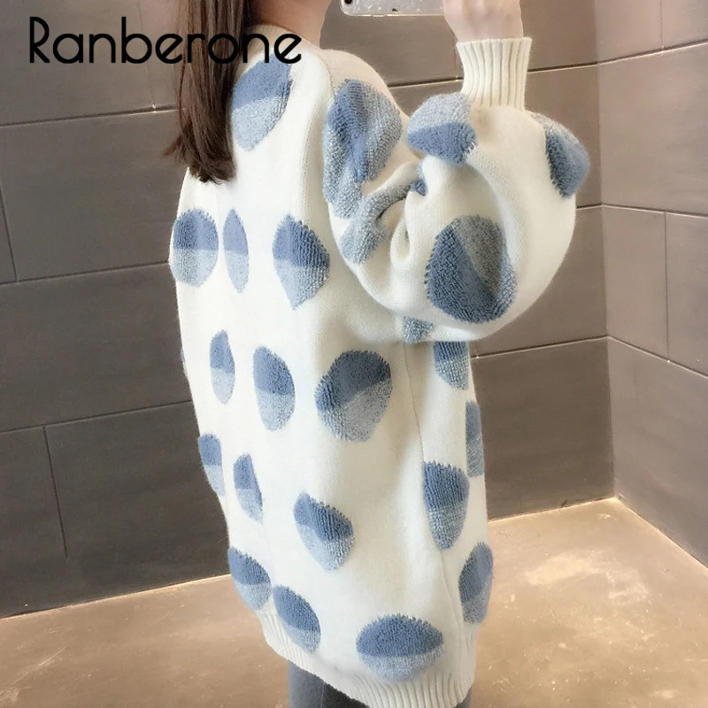 Ranberone Long Cardigan Sweater Women Knitted Jackets Oversized Sweaters Ponchoes Button Dots Loose Female Cardigans 2019 Winter