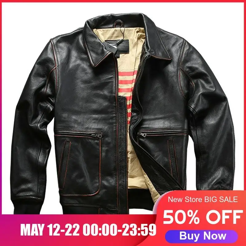

2020 Vintage Black Men Military Style Pilot Leather Jacket Large Size XXXL Genuine Cowhide Autumn Slim Fit USAF Aviator Coat