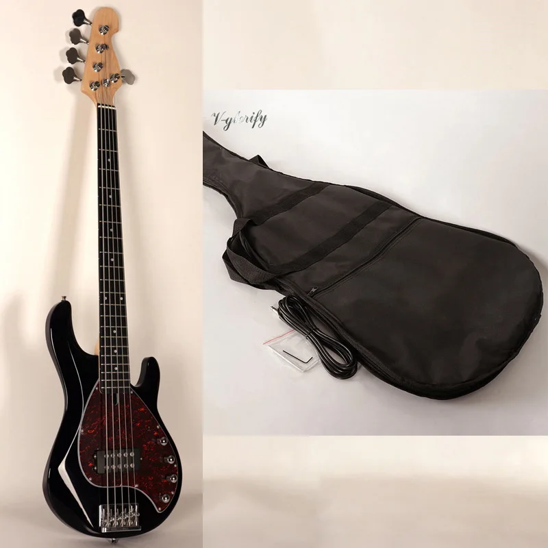 guitar with bag Черный цвет заводская 5 струнная электрическая бас-гитара высокого качества с бесплатной сумкой 21 лад глянцевый лак липа тело гитара - Цвет: guitar with bag
