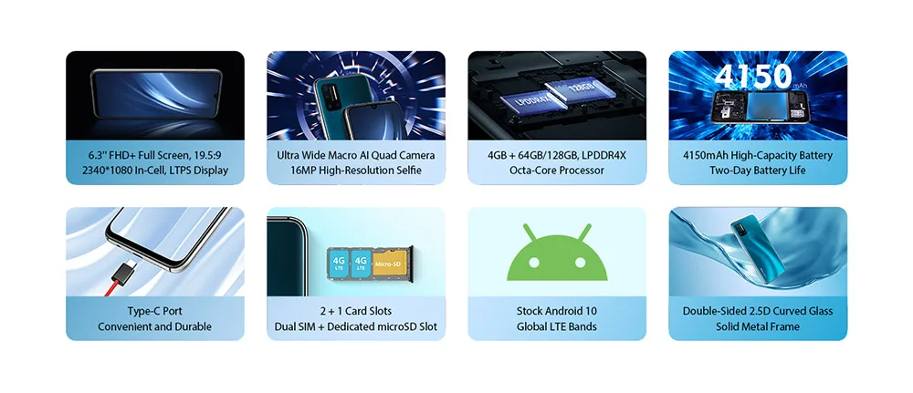 In Stock UMIDIGI A7 Pro Global Version Phone Quad Camera Android 10 OS 6.3 FHD+ Full Screen 64GB/128GB ROM LPDDR4X Octa Core