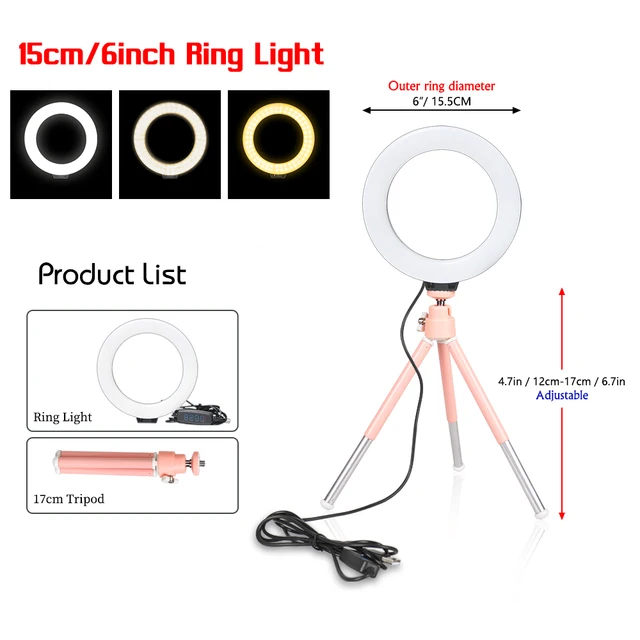 SH 16cm 6 inch Ring Light With Tripod Stand Usb Charge Selfie Led Lamp Dimmable Photography Light For Photo Photography Studio package C