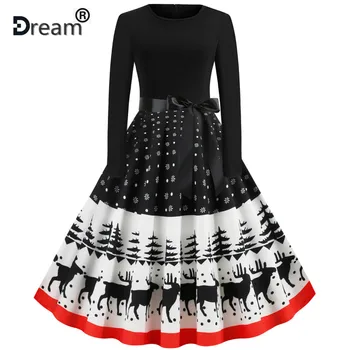 

Print Winter Christmas Dress Women Long Sleeve 50S 60S Vintage Robe Pinup Elegant Party Dress Casual Plus Size Black Vestidos