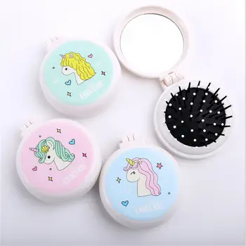

Children Unicorn Mini Airbag Folding Comb with Makeup Mirror Girls Round Massage Hair Brush Boys Travel Pocket Mirror Comb